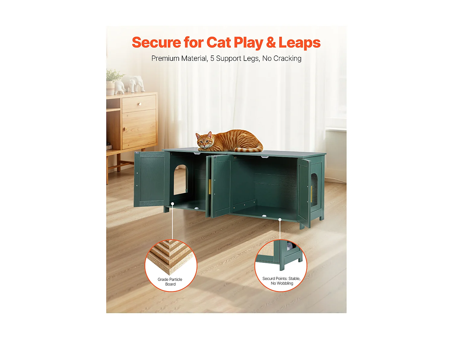 Móvel para Caixa de Areia SucceBuy Gato Armário Esconder Casa de Banho Gato, com 4 Portas de Rattan e 2 Entradas, Nicho Esconder-areia Madeira, 120x45x50 cm