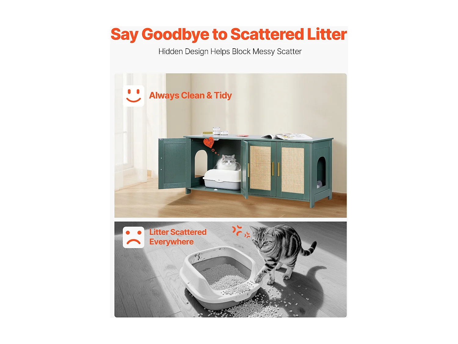 Móvel para Caixa de Areia SucceBuy Gato Armário Esconder Casa de Banho Gato, com 4 Portas de Rattan e 2 Entradas, Nicho Esconder-areia Madeira, 120x45x50 cm