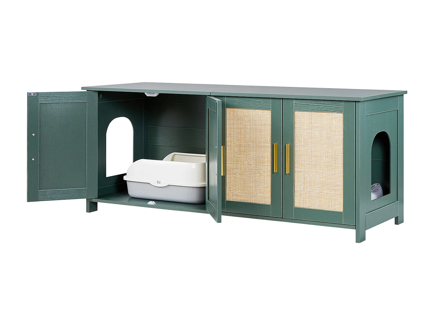 Móvel para Caixa de Areia SucceBuy Gato Armário Esconder Casa de Banho Gato, com 4 Portas de Rattan e 2 Entradas, Nicho Esconder-areia Madeira, 120x45x50 cm