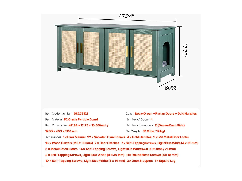 Meuble Bac à Litière SucceBuy Chat Armoire Cache Maison de Toilette Chat Intérieur, avec 4 Portes Rotin et 2 Entrées, Niche Cache-litière Bois, 120x45x50 cm