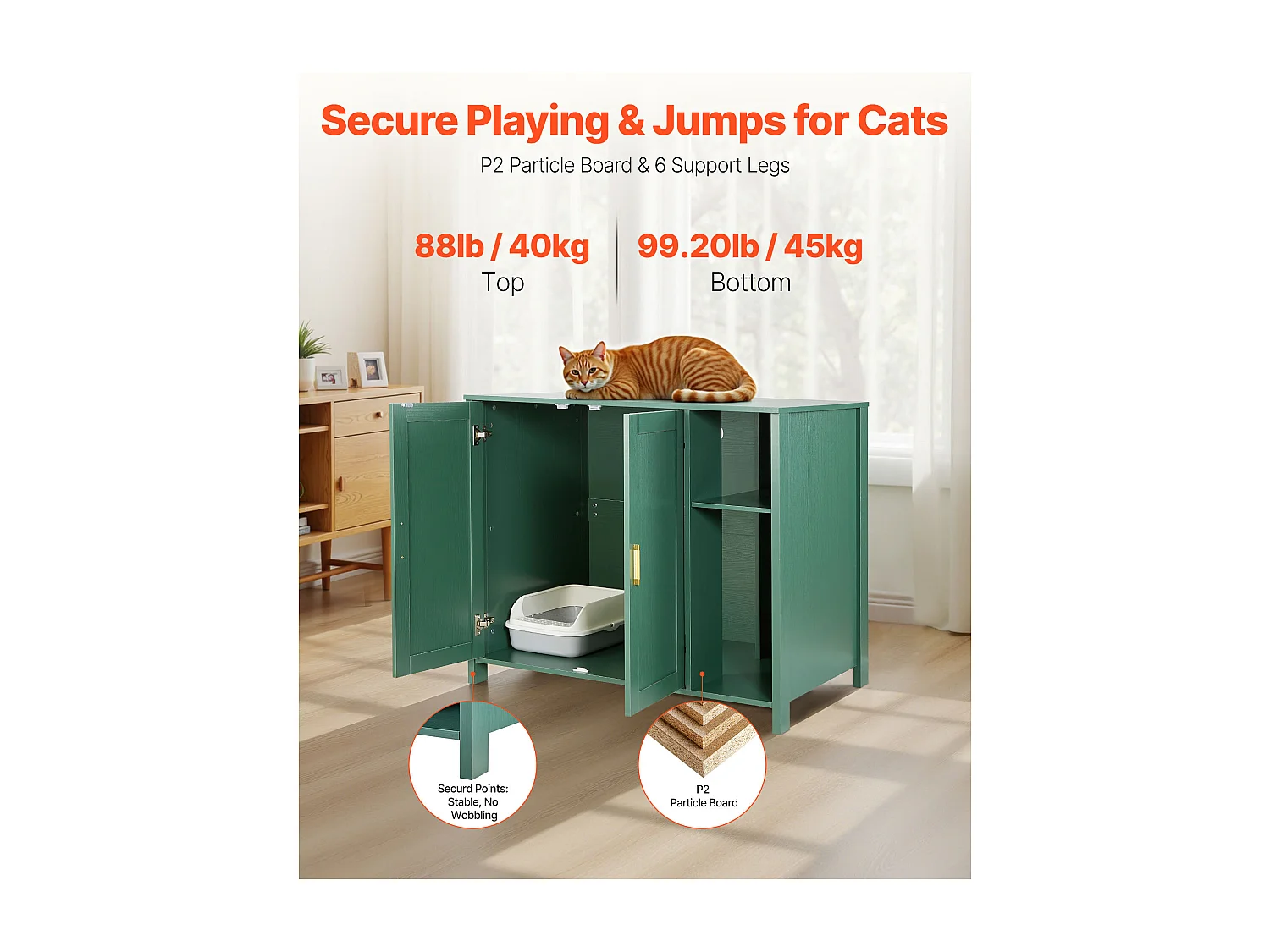 Meuble Bac à Litière SucceBuy Chat AuTonettoyant Armoire Cache Maison Toilette Chat, Niche Cache-litière, avec Séparateur Amovible, Prise de Courant, Vert
