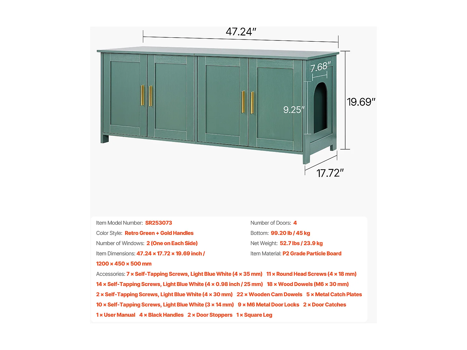 Meuble Bac à Litière SucceBuy Chat Armoire Cache Maison de Toilette de Chat Intérieur, avec 4 Portes et 2 Entrées, Niche Cache-litière en Bois, 120x45x50 cm