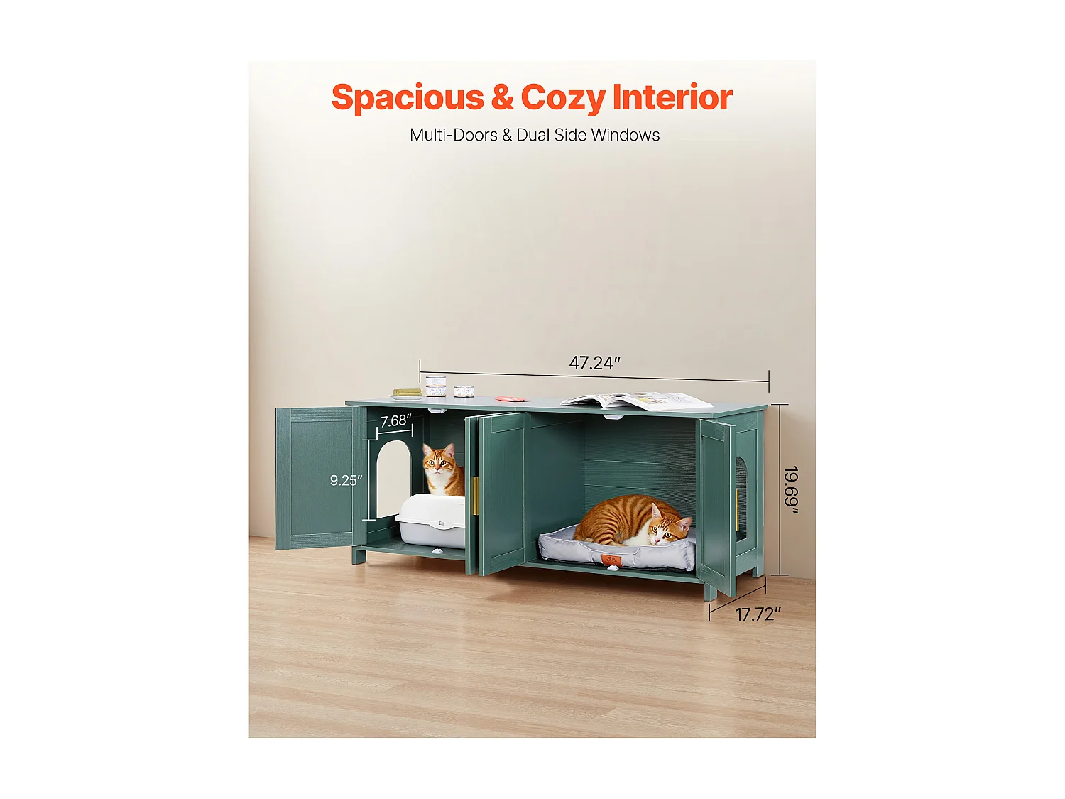 Meuble Bac à Litière SucceBuy Chat Armoire Cache Maison de Toilette de Chat Intérieur, avec 4 Portes et 2 Entrées, Niche Cache-litière en Bois, 120x45x50 cm