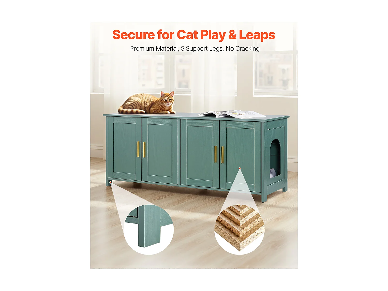 Meuble Bac à Litière SucceBuy Chat Armoire Cache Maison de Toilette de Chat Intérieur, avec 4 Portes et 2 Entrées, Niche Cache-litière en Bois, 120x45x50 cm