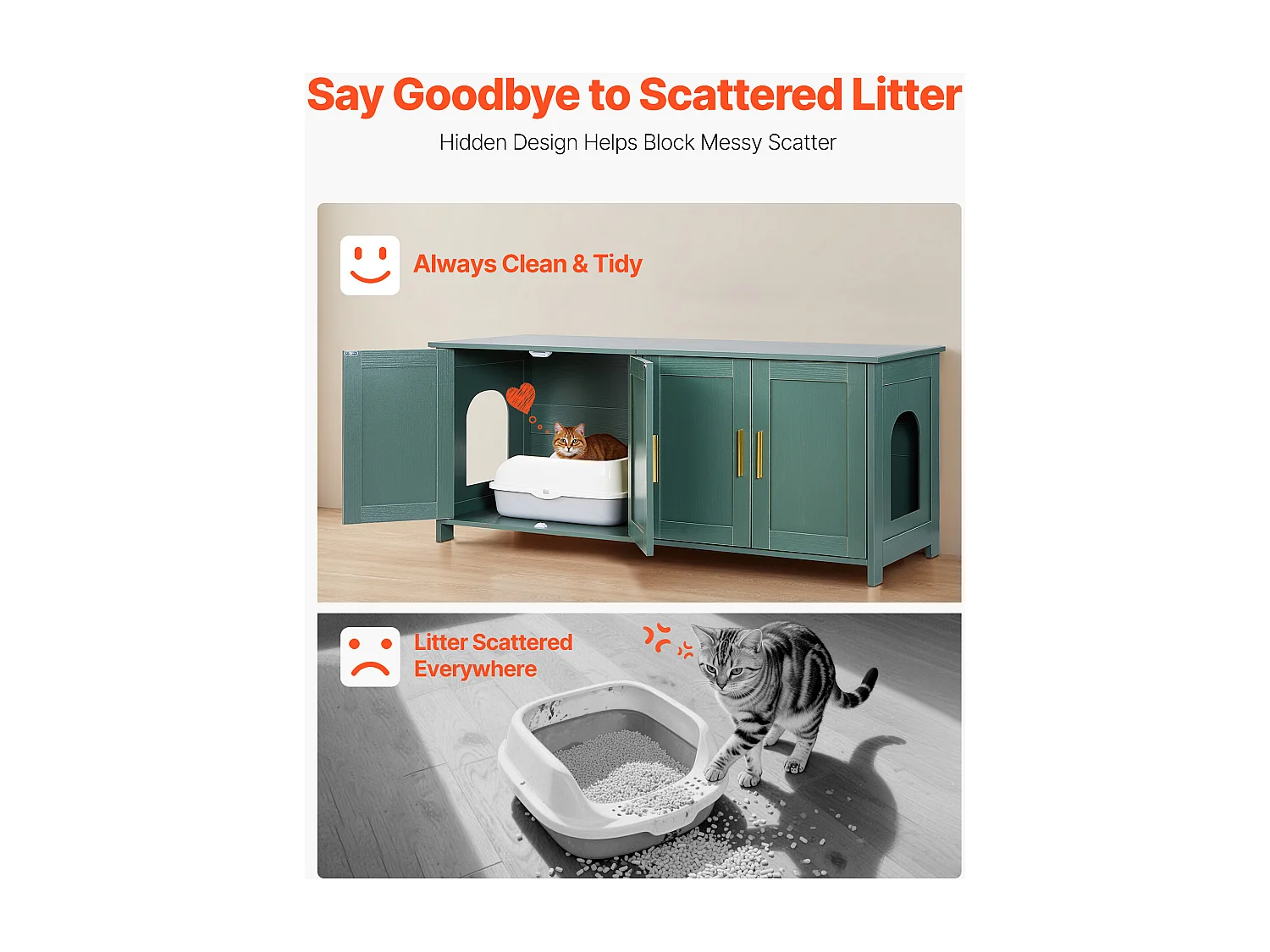 Meuble Bac à Litière SucceBuy Chat Armoire Cache Maison de Toilette de Chat Intérieur, avec 4 Portes et 2 Entrées, Niche Cache-litière en Bois, 120x45x50 cm