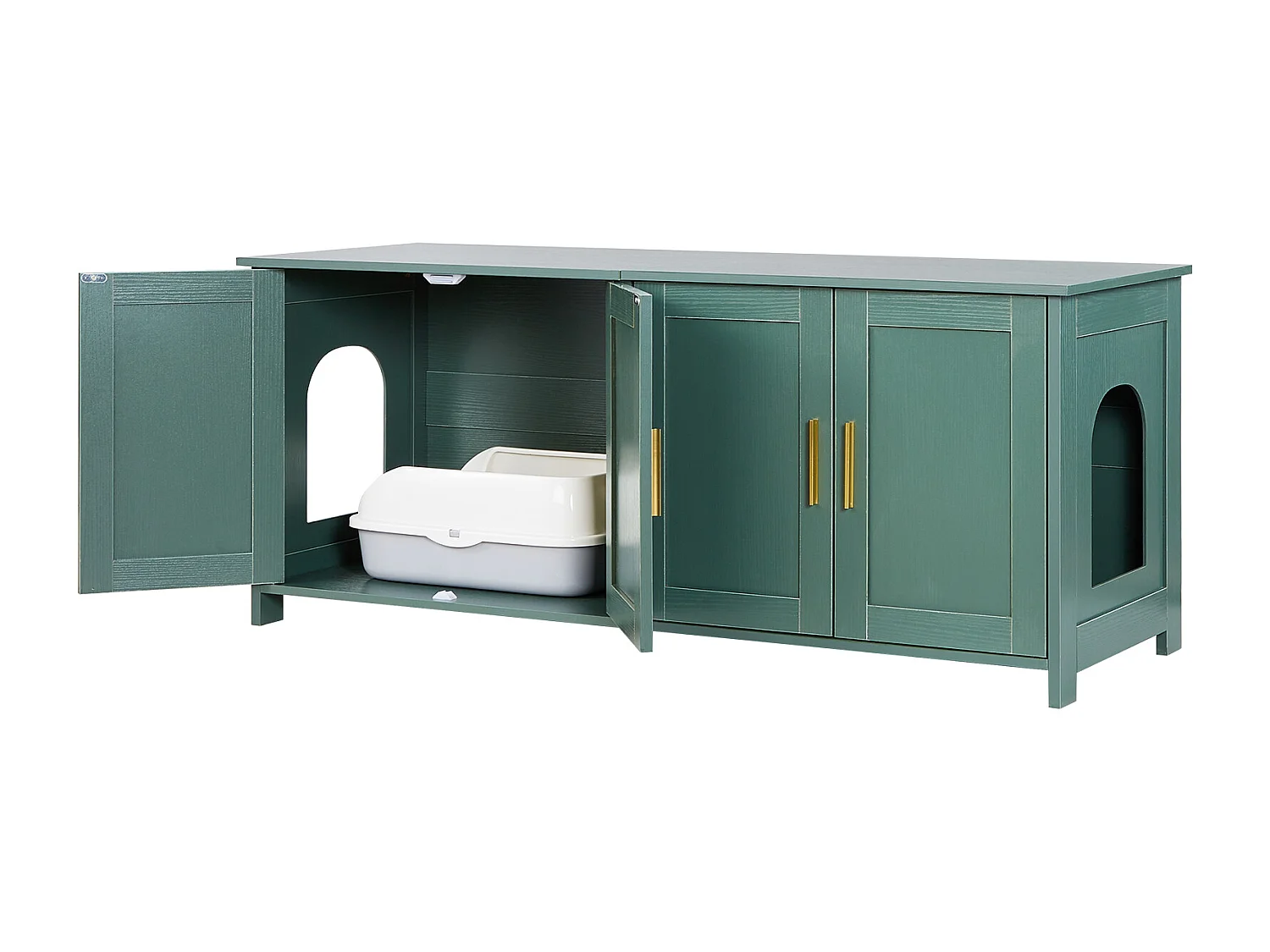 Meuble Bac à Litière SucceBuy Chat Armoire Cache Maison de Toilette de Chat Intérieur, avec 4 Portes et 2 Entrées, Niche Cache-litière en Bois, 120x45x50 cm