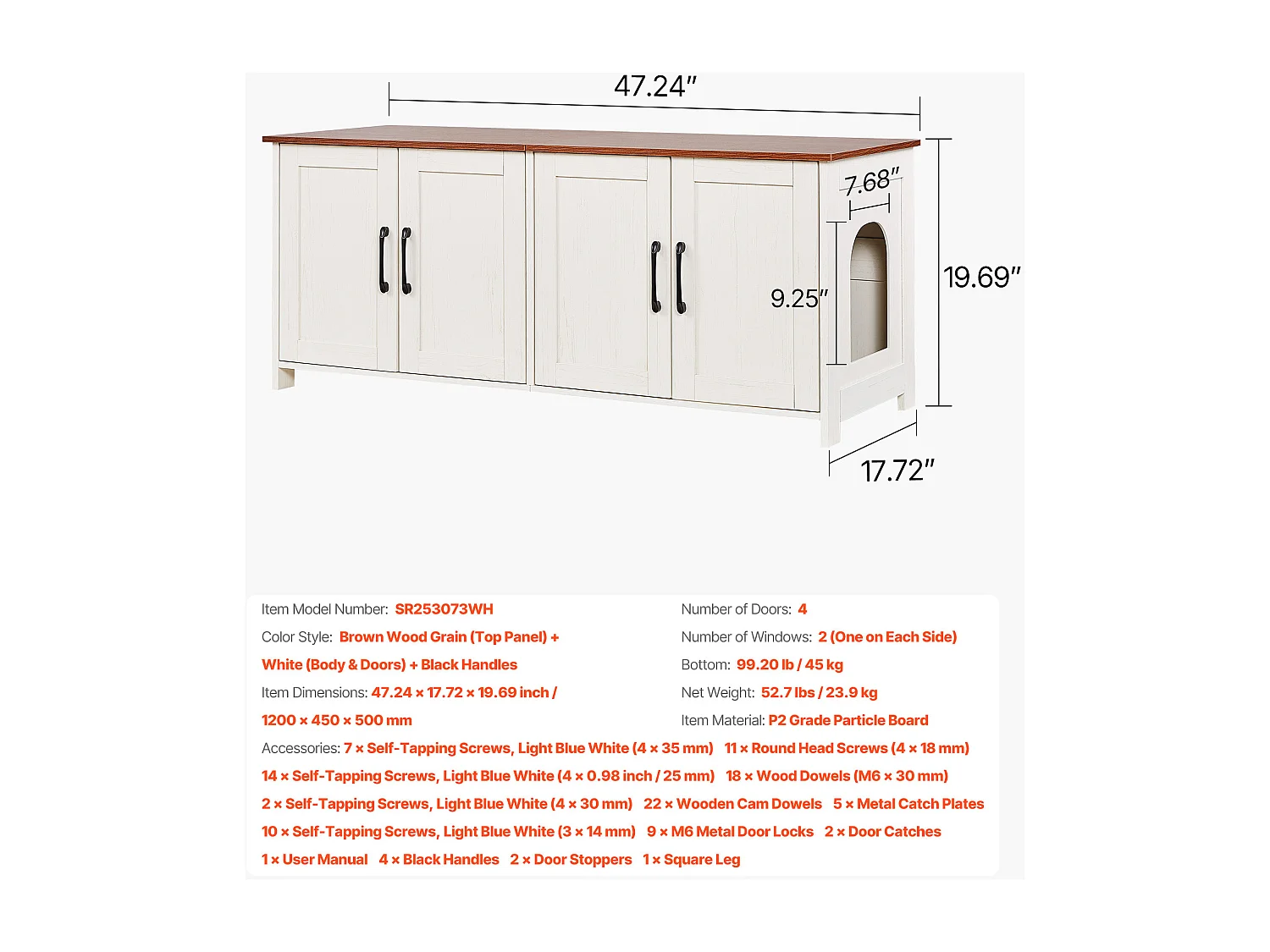 Meuble Bac à Litière SucceBuy Chat Armoire Cache Maison de Toilette de Chat Intérieur, 4 Portes 2 Entrées, Niche Cache-litière Bois, 120x45x50 cm, Marron