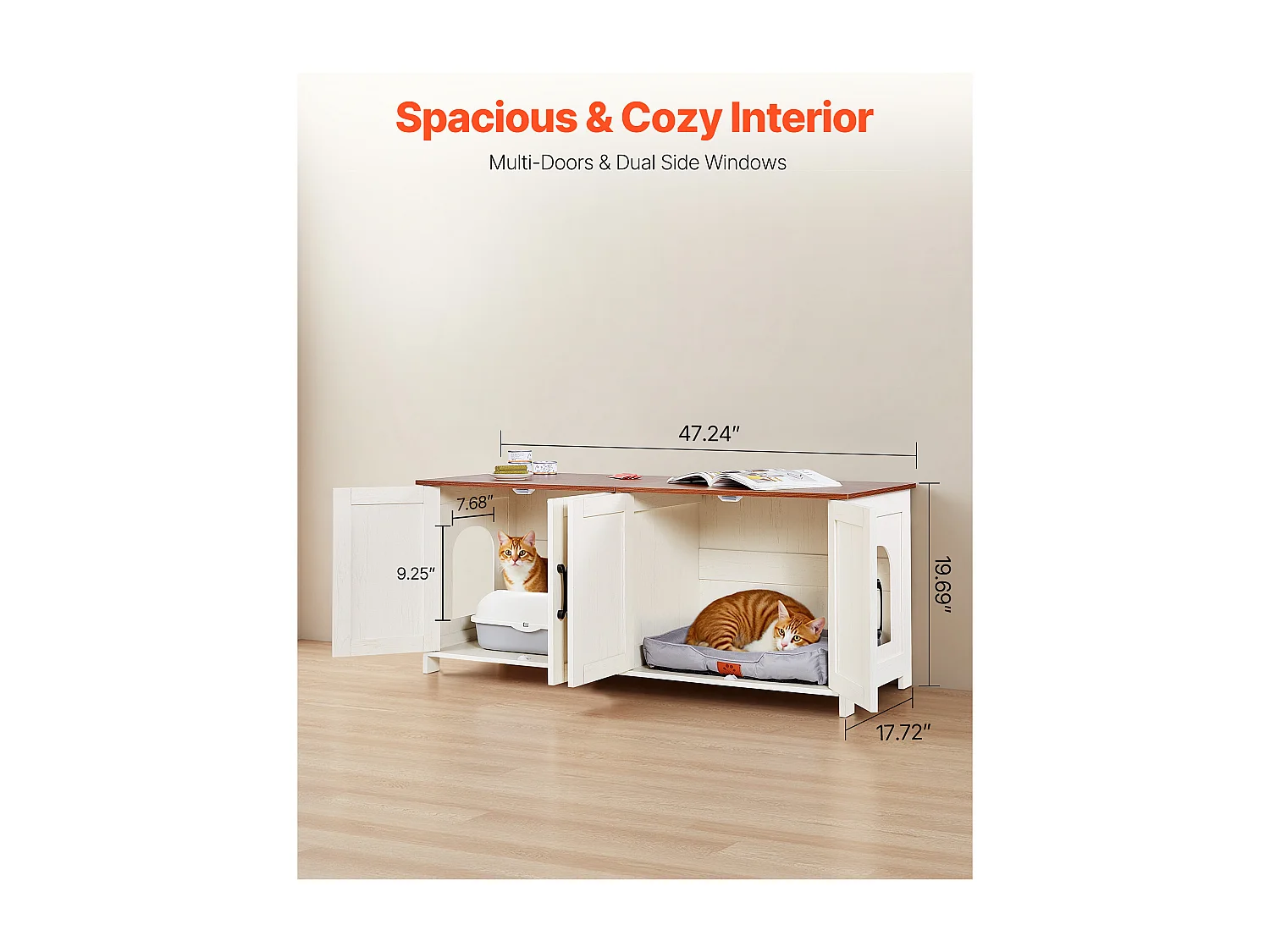 Meuble Bac à Litière SucceBuy Chat Armoire Cache Maison de Toilette de Chat Intérieur, 4 Portes 2 Entrées, Niche Cache-litière Bois, 120x45x50 cm, Marron