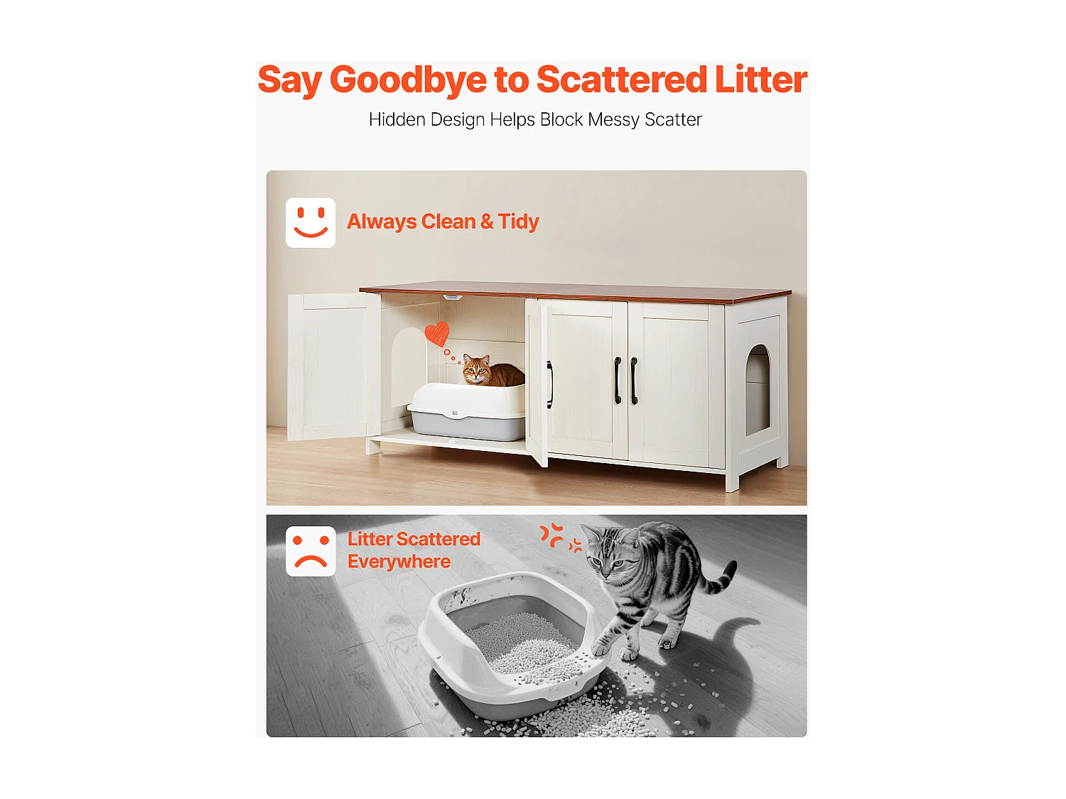 Meuble Bac à Litière SucceBuy Chat Armoire Cache Maison de Toilette de Chat Intérieur, 4 Portes 2 Entrées, Niche Cache-litière Bois, 120x45x50 cm, Marron