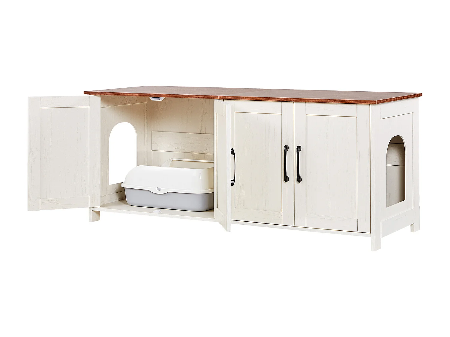 Meuble Bac à Litière SucceBuy Chat Armoire Cache Maison de Toilette de Chat Intérieur, 4 Portes 2 Entrées, Niche Cache-litière Bois, 120x45x50 cm, Marron