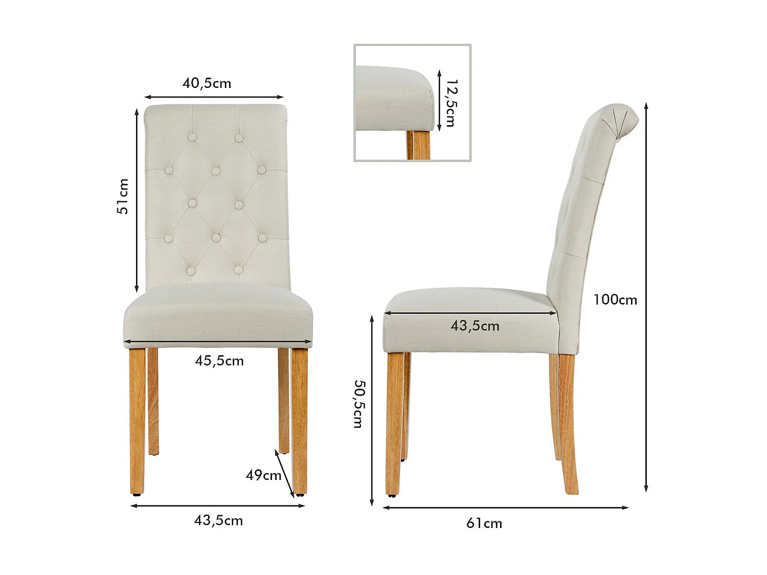 Ensemble de 2 Chaises de Salle à Manger Chaises Capitonnées en Tissu avec Pieds en Bois de Caoutchouc Éponge à Haute Densité Beige