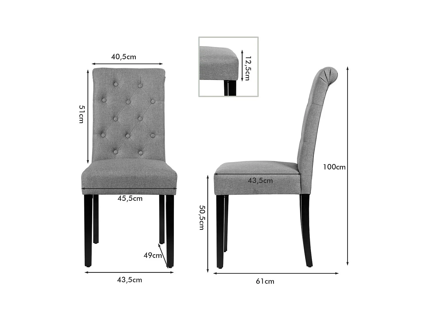Ensemble de 2 Chaises de Salle à Manger Chaises Capitonnées en Tissu avec Pieds en Bois de Caoutchouc Éponge à Haute Densité Gris