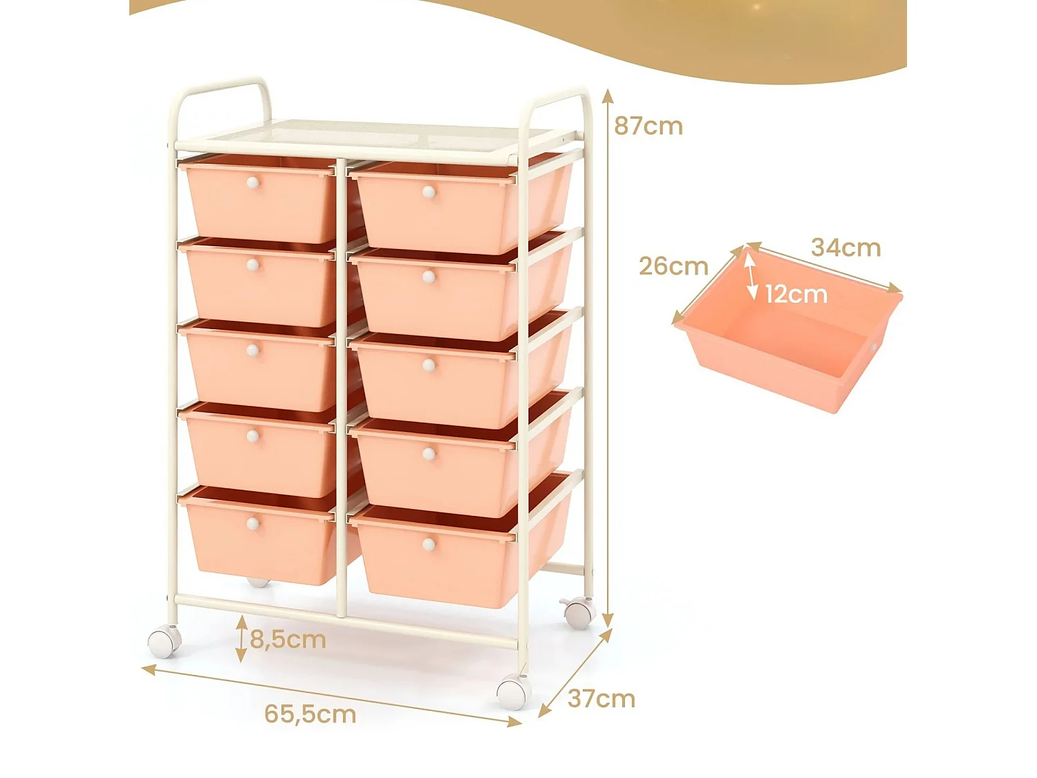 Rollwagen mit 10 Stapelbaren Schubladen Schubladenwagen Rollcontainer Badrollwagen Hellrosa