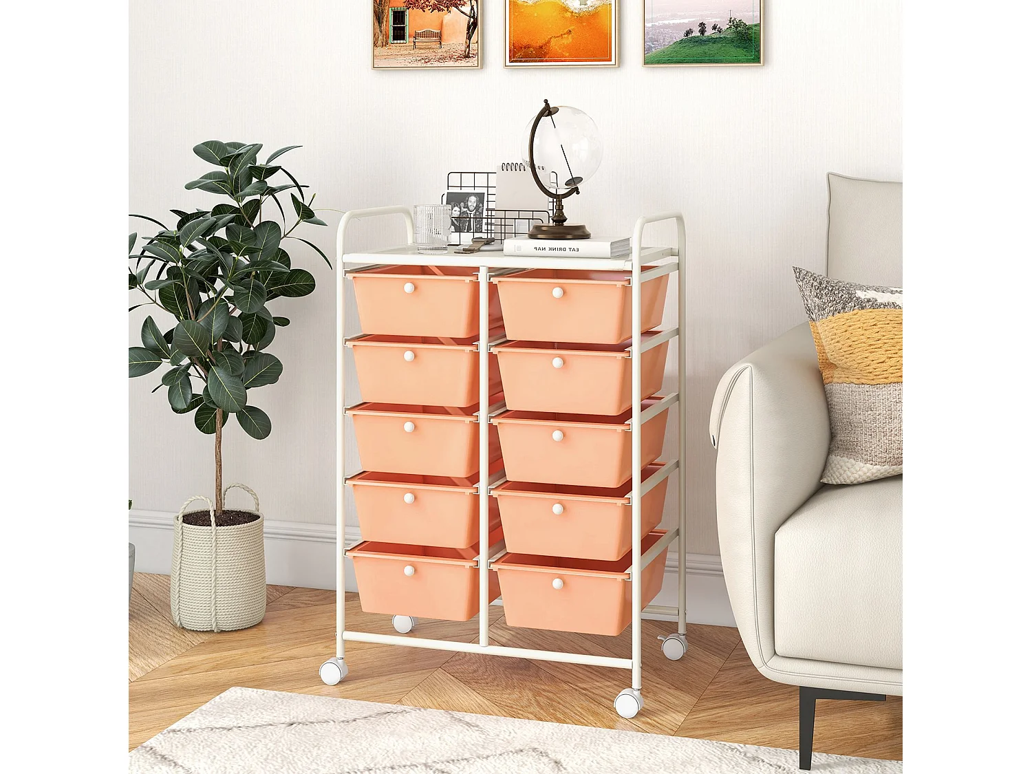 Rollwagen mit 10 Stapelbaren Schubladen Schubladenwagen Rollcontainer Badrollwagen Hellrosa