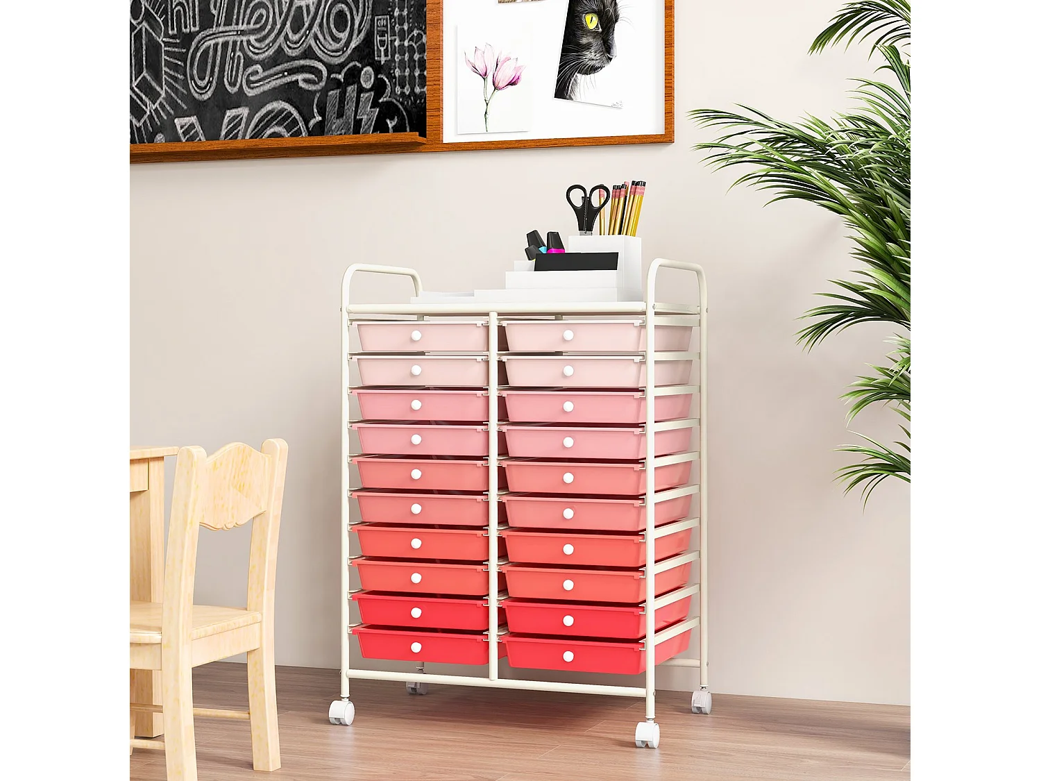 Rollwagen mit 20 Stapelbaren Schubladen & Metallgestell Rollcontainer Badrollwagen Rosa