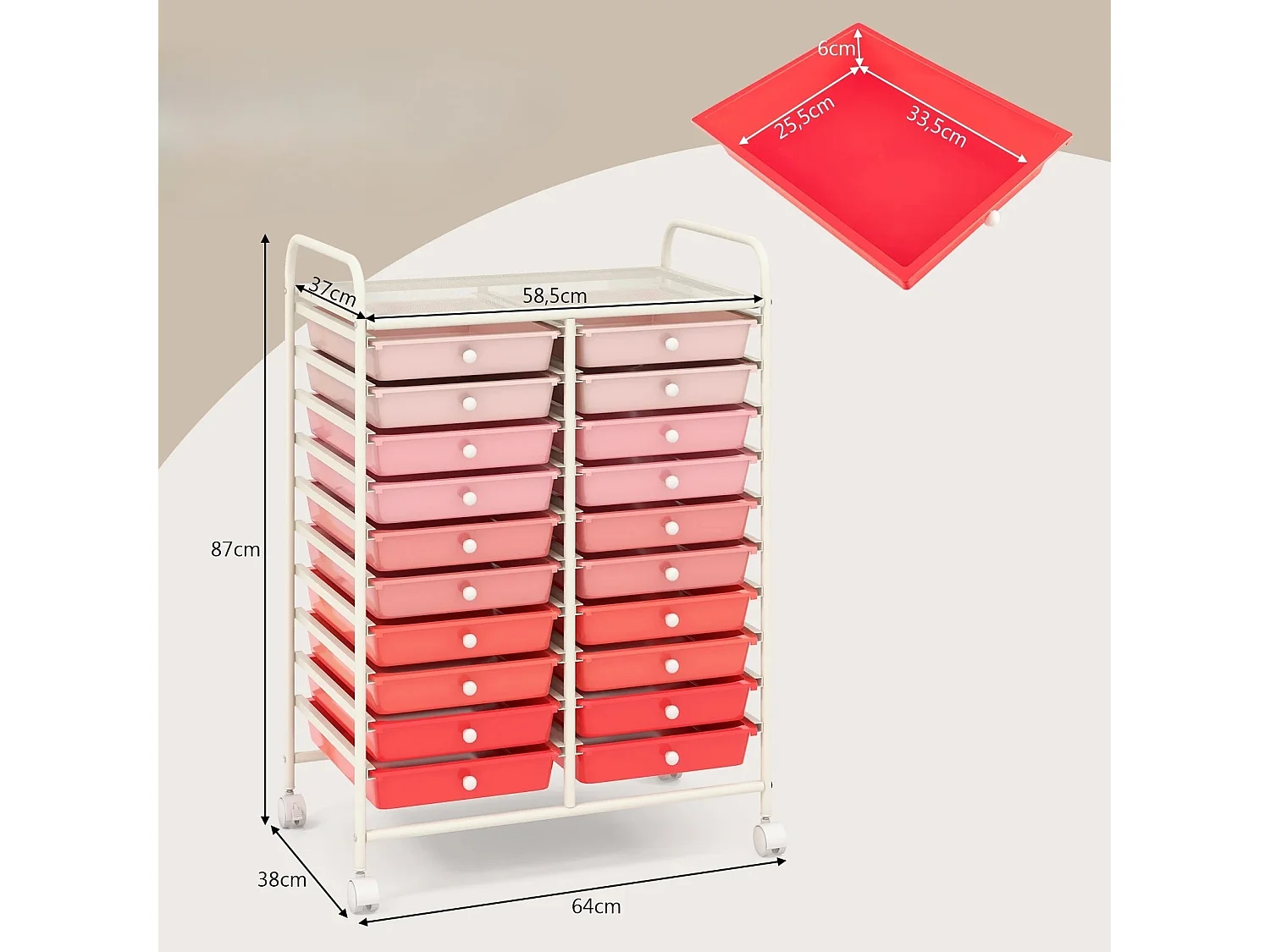 Rollwagen mit 20 Stapelbaren Schubladen & Metallgestell Rollcontainer Badrollwagen Rosa