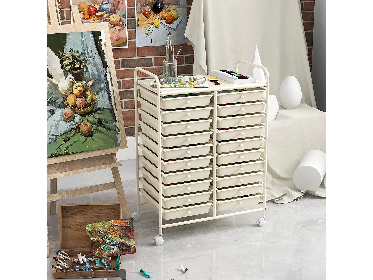 Carrello cassettiera multiuso e leggero con 20 cassetti, Contenitore con ruote per ufficio e casa Bianco