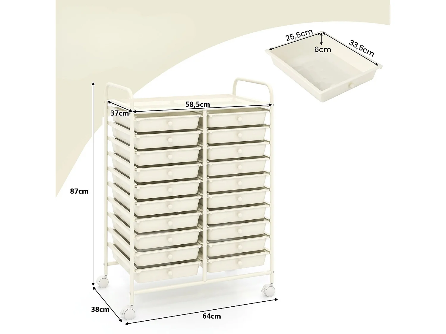 Carrello cassettiera multiuso e leggero con 20 cassetti, Contenitore con ruote per ufficio e casa Bianco