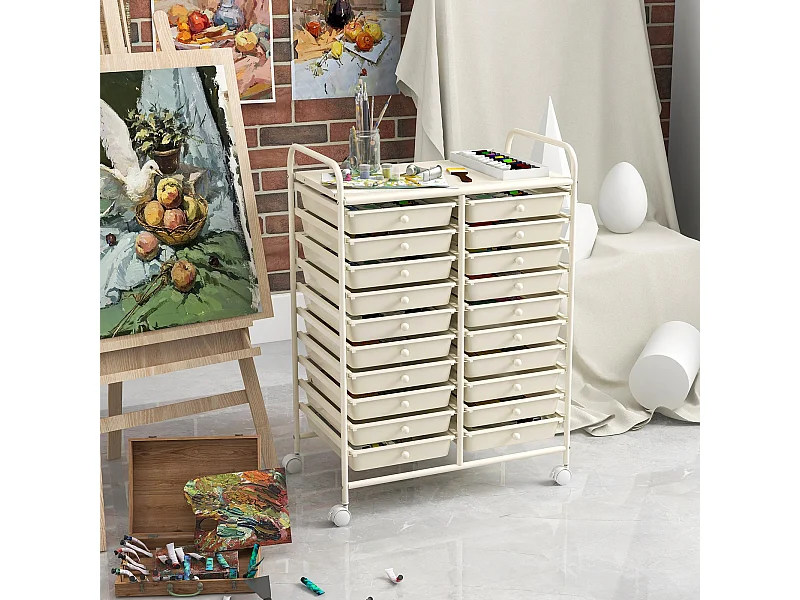 Carrello cassettiera multiuso e leggero con 20 cassetti, Contenitore con ruote per ufficio e casa Bianco