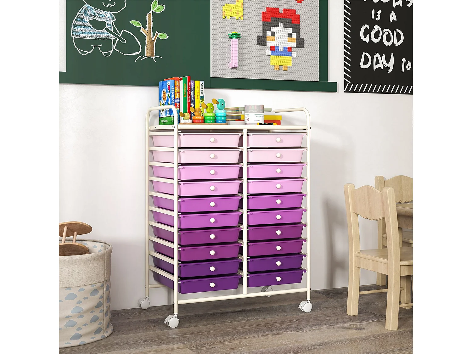 Rollwagen mit 20 Stapelbaren Schubladen & Metallgestell Rollcontainer Badrollwagen Lila