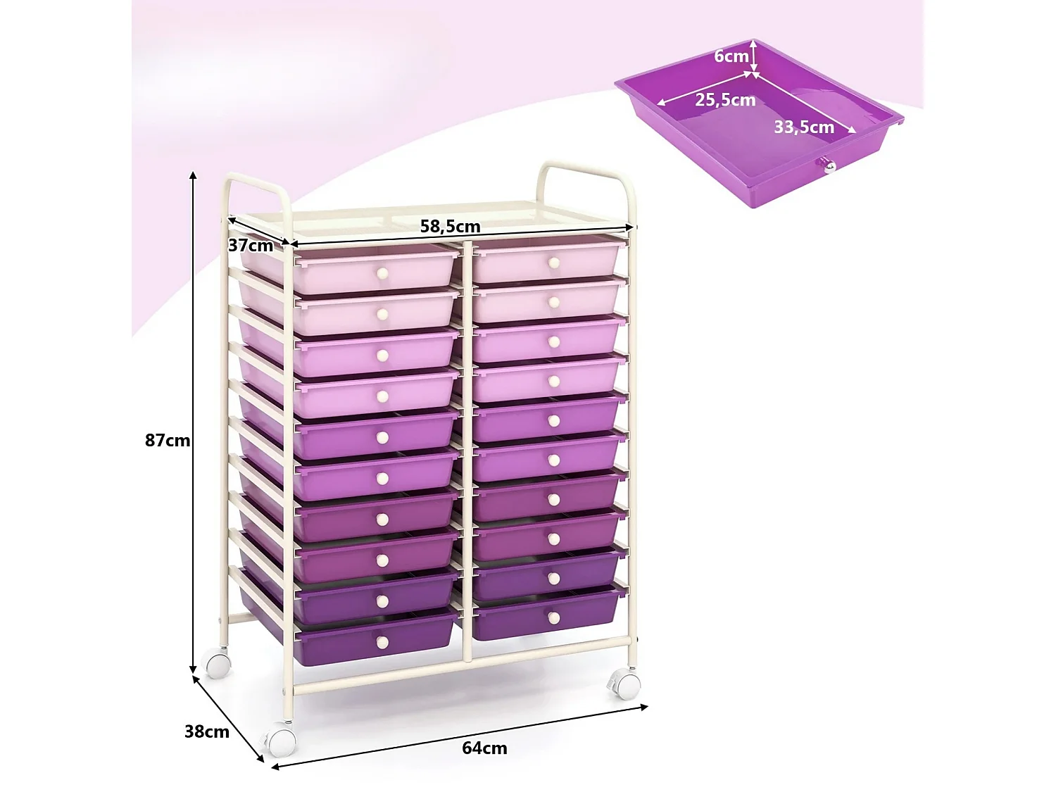 Rollwagen mit 20 Stapelbaren Schubladen & Metallgestell Rollcontainer Badrollwagen Lila