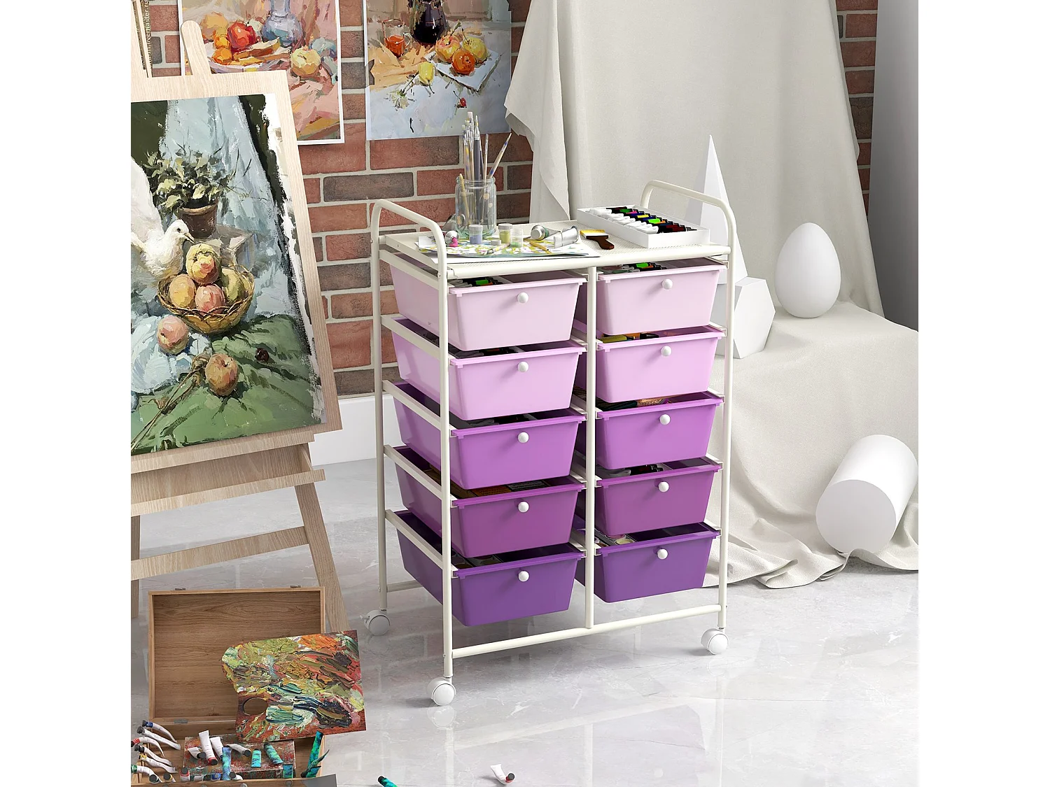 Carrello a 10 cassetti multiuso con ruote, Organizzatore per carta da scrapbooking e utensili da ufficio Viola