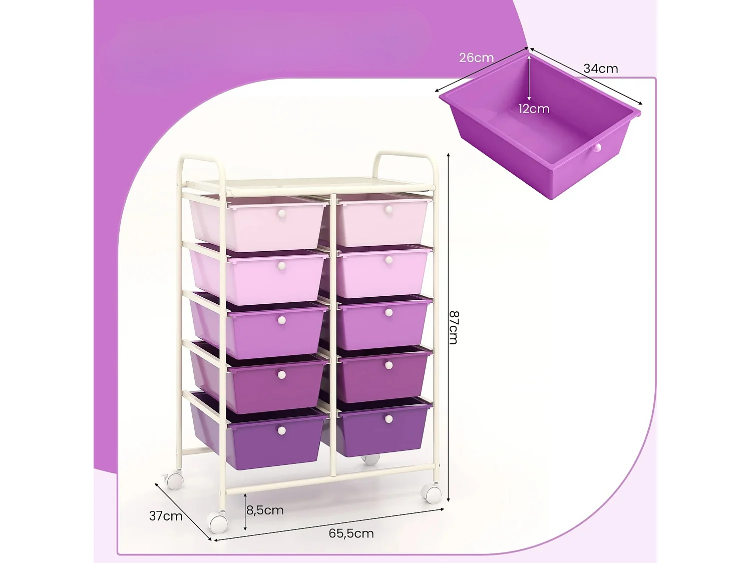 Carrello a 10 cassetti multiuso con ruote, Organizzatore per carta da scrapbooking e utensili da ufficio Viola