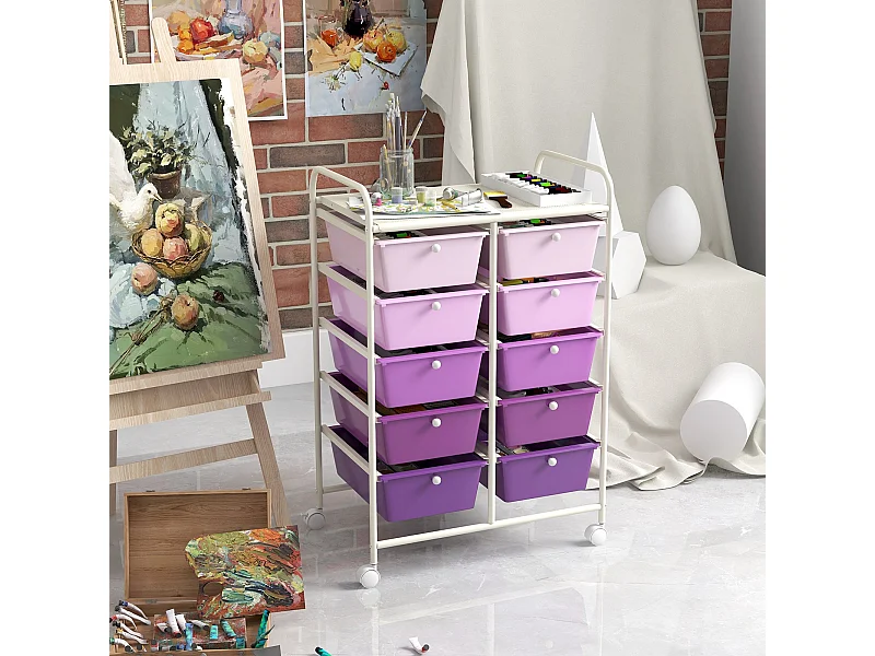 Carrello a 10 cassetti multiuso con ruote, Organizzatore per carta da scrapbooking e utensili da ufficio Viola