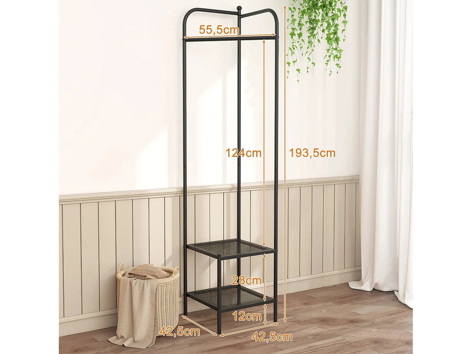 Appendiabiti autonomo con gancio e 2 mensole in rete, Dispositivi antiribaltamento Nero