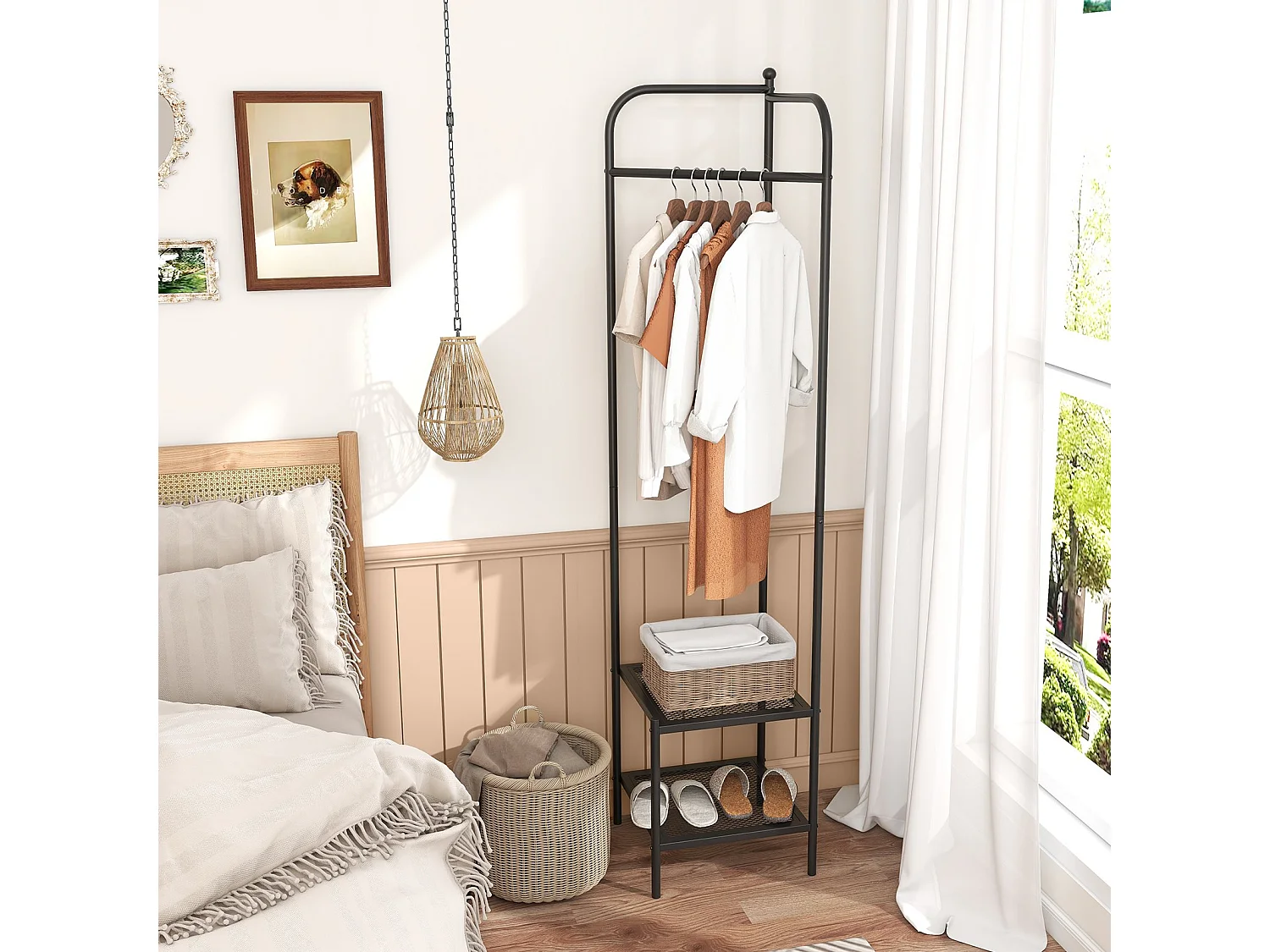 Appendiabiti autonomo con gancio e 2 mensole in rete, Dispositivi antiribaltamento Nero