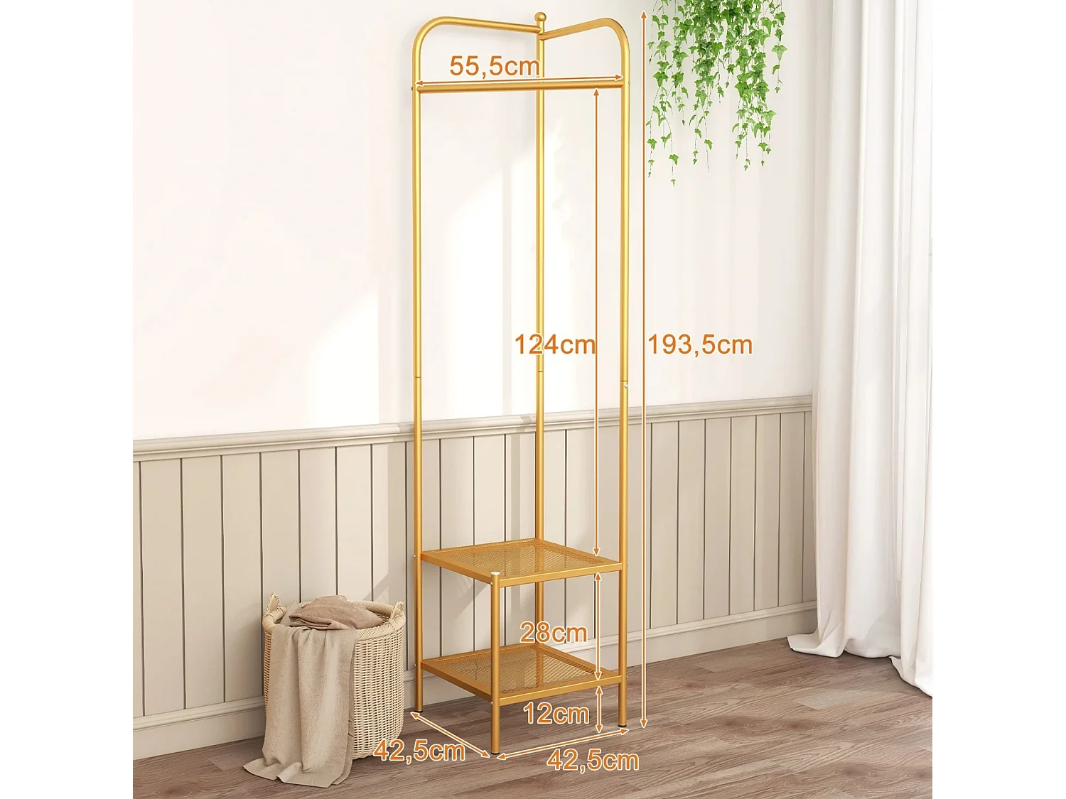 Appendiabiti autonomo con gancio e 2 mensole in rete, Dispositivi antiribaltamento Oro