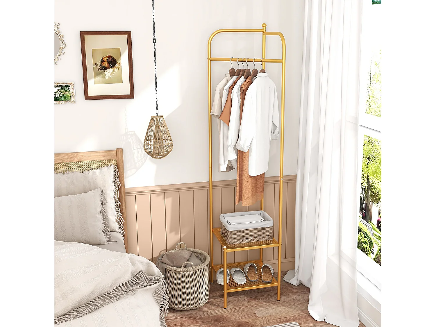 Appendiabiti autonomo con gancio e 2 mensole in rete, Dispositivi antiribaltamento Oro