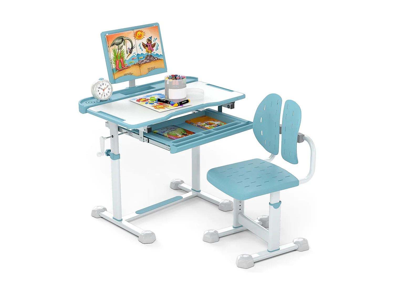 Kinder Schreibtisch mit Stuhl Höhenverstellbarer Kinderschreibtisch mit Neigbarer Tischplatte Blau