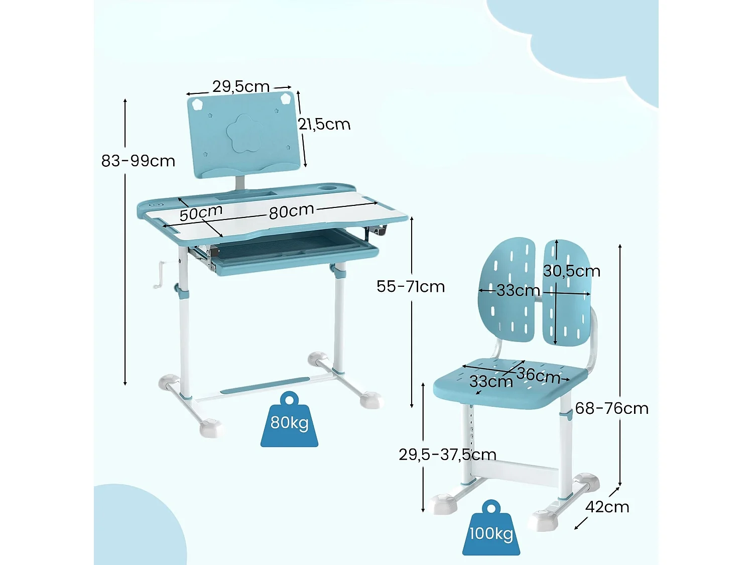 Kinder Schreibtisch mit Stuhl Höhenverstellbarer Kinderschreibtisch mit Neigbarer Tischplatte Blau