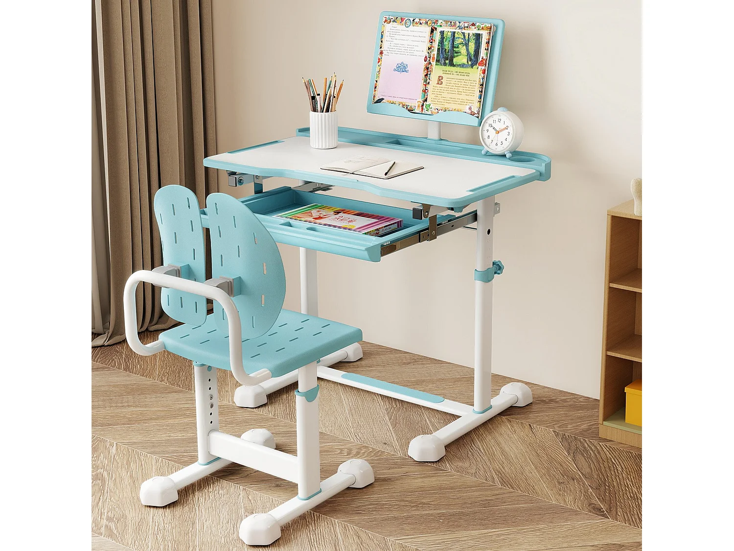 Kinder Schreibtisch mit Stuhl Höhenverstellbarer Kinderschreibtisch mit Neigbarer Tischplatte Blau