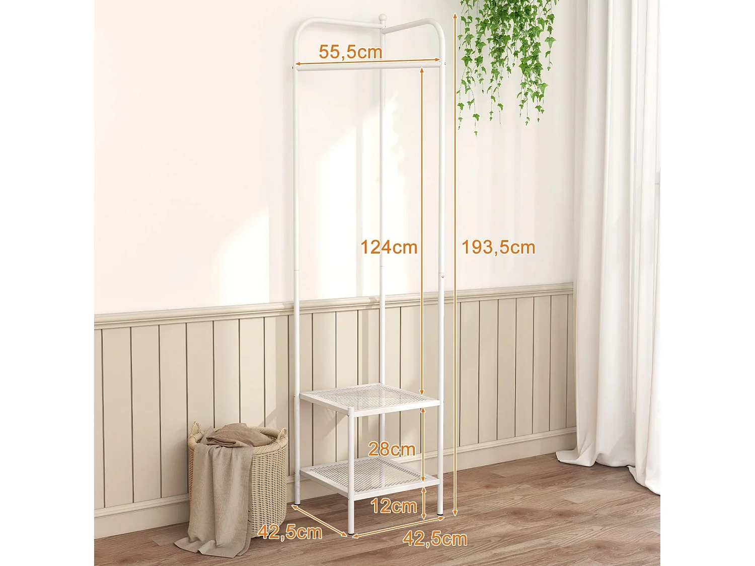 Appendiabiti autonomo con gancio e 2 mensole in rete, Dispositivi antiribaltamento Bianco