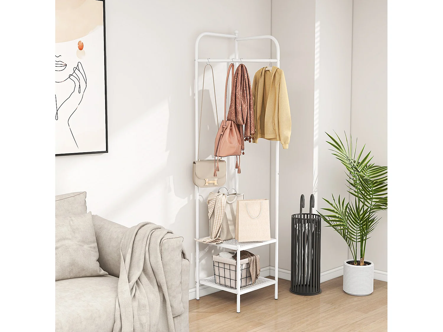 Appendiabiti autonomo con gancio e 2 mensole in rete, Dispositivi antiribaltamento Bianco