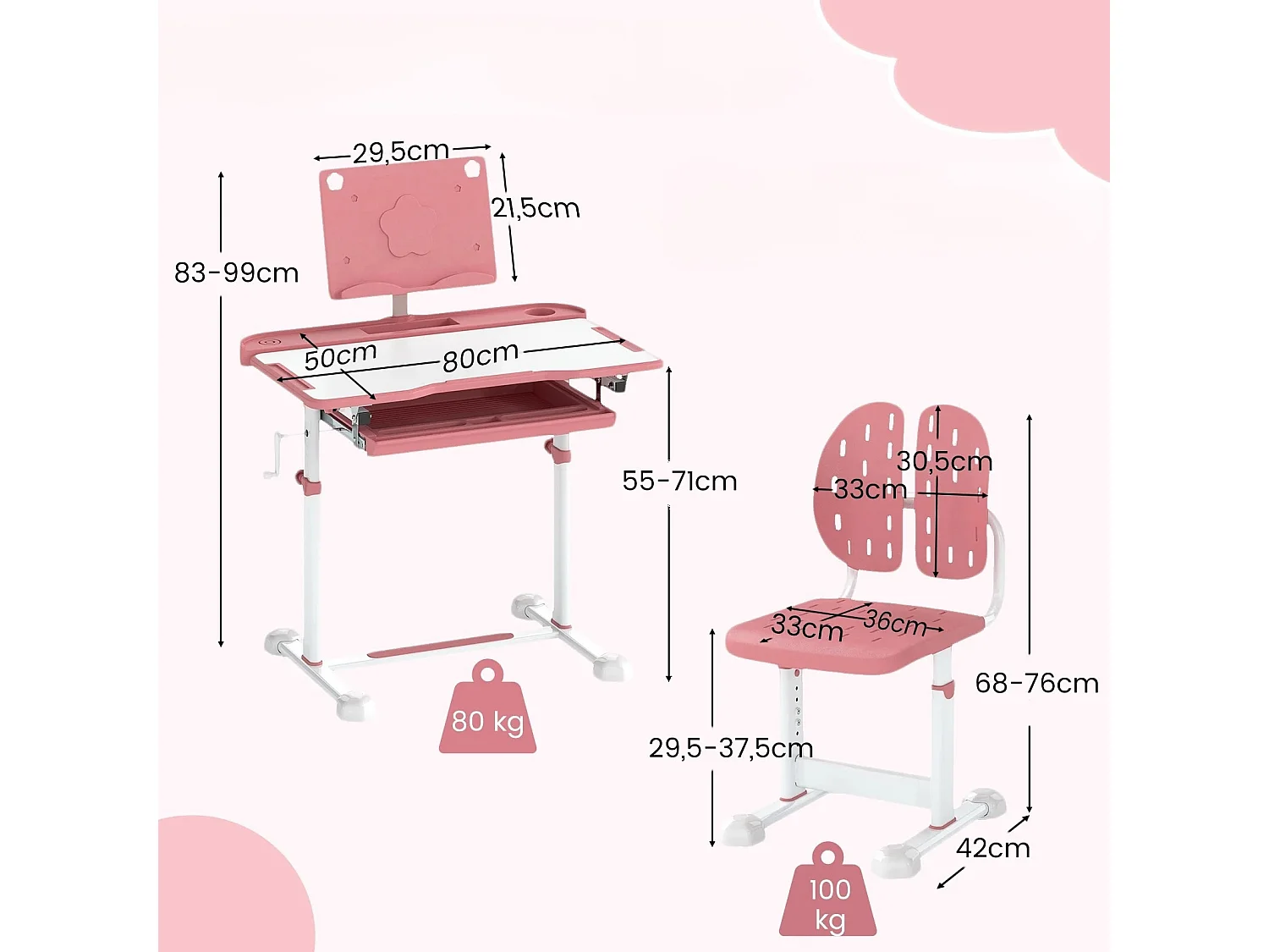Kinder Schreibtisch mit Stuhl Höhenverstellbarer Kinderschreibtisch mit Neigbarer Tischplatte Rose