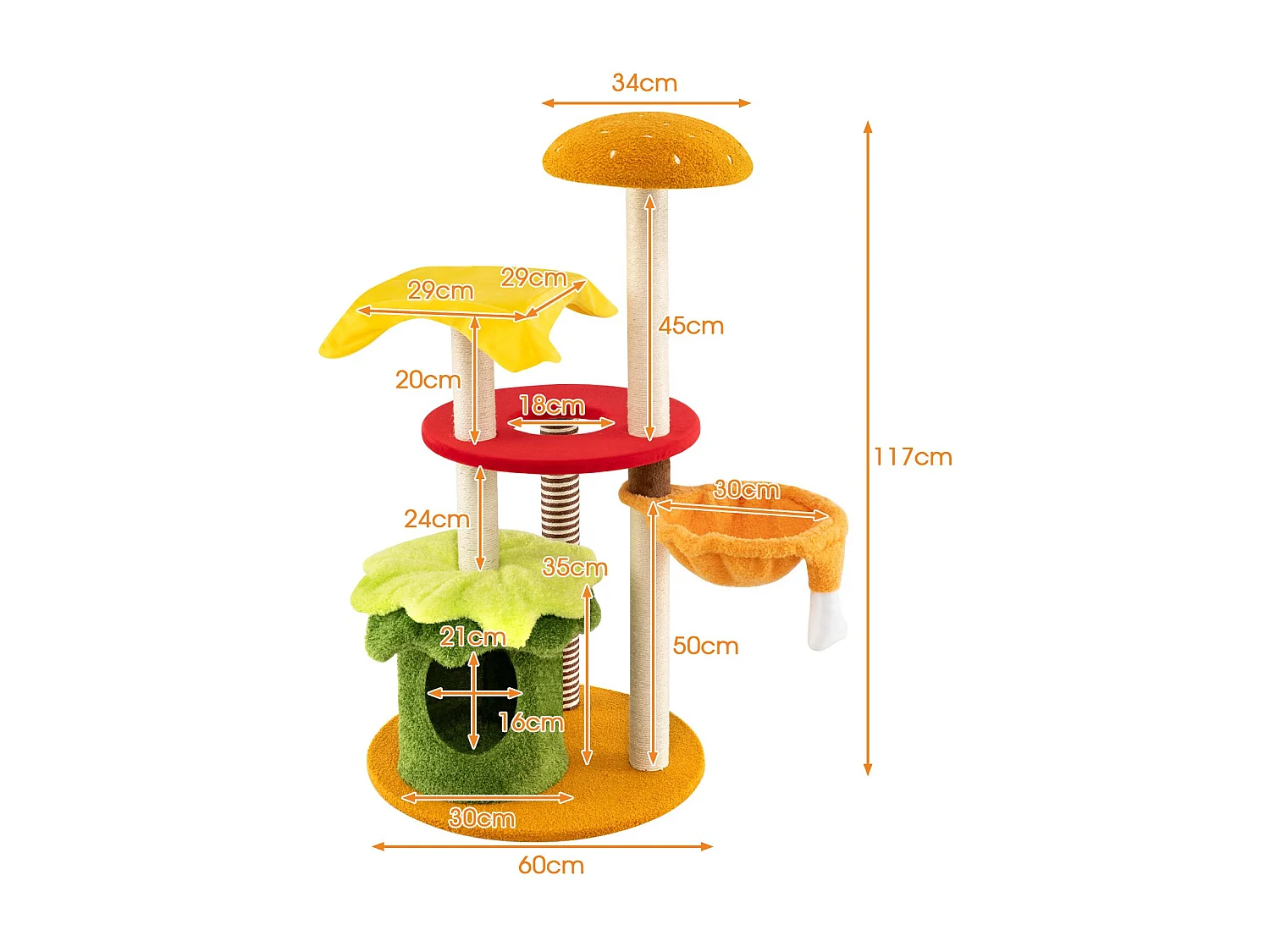Torre multi-livello per gatti a tema hamburger con letto a cestino sospeso, Albero per gatti 117 cm tiragraffi in sisal Verde