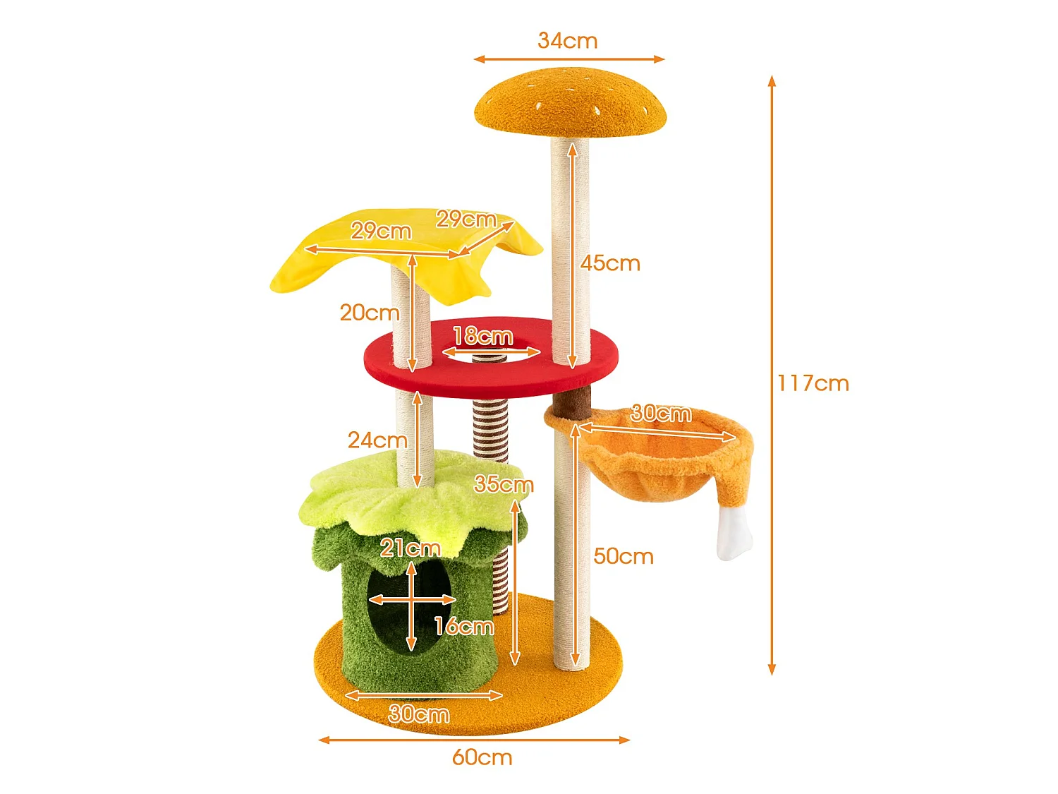 Kattekrat i flere niveauer – hamburgerformet kattekrat, 117 cm