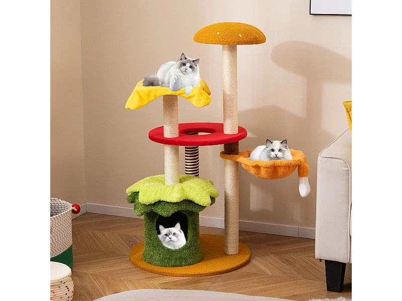 Torre multi-livello per gatti a tema hamburger con letto a cestino sospeso, Albero per gatti 117 cm tiragraffi in sisal Verde