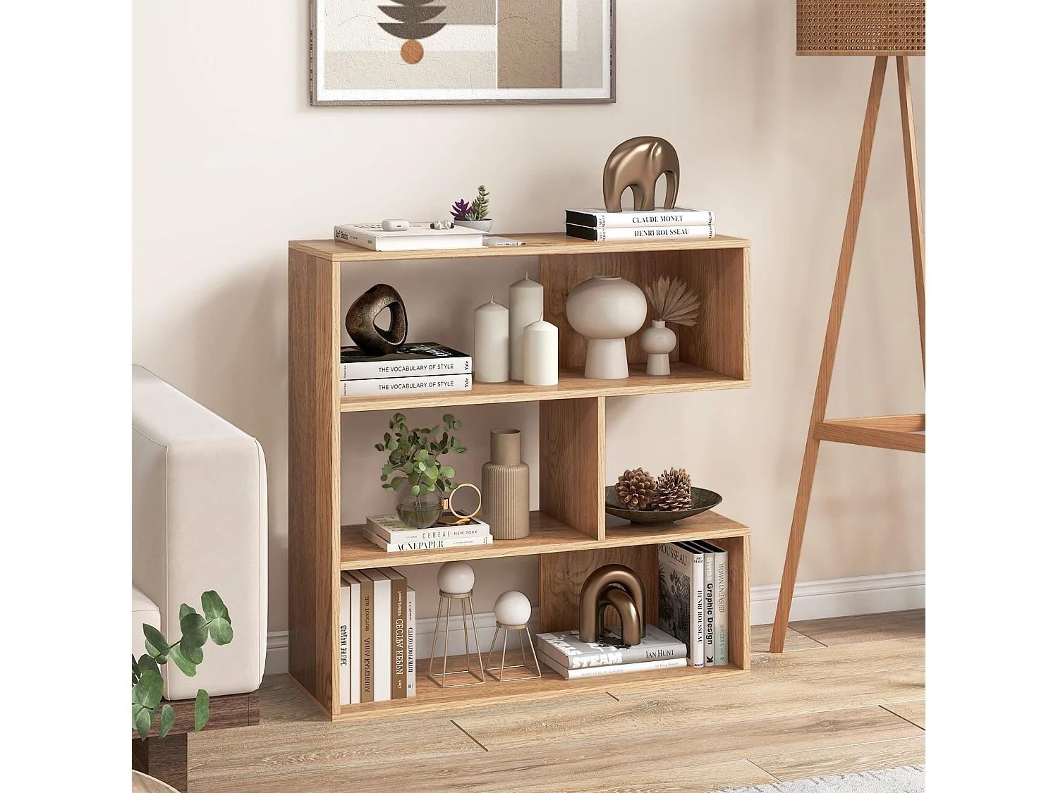 Konkaves Bücherregal mit Kippschutz 3 Ebenen Standregal Holz Raumteiler Regal Natur