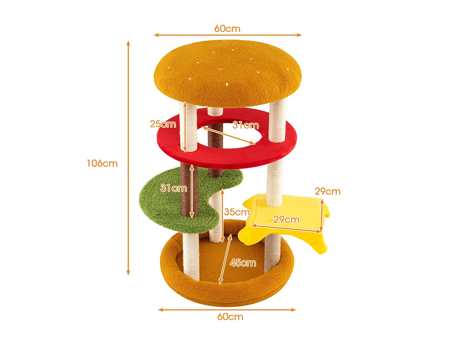 Kattekrat i flere niveauer – hamburgerformet kattekrat, 106 cm