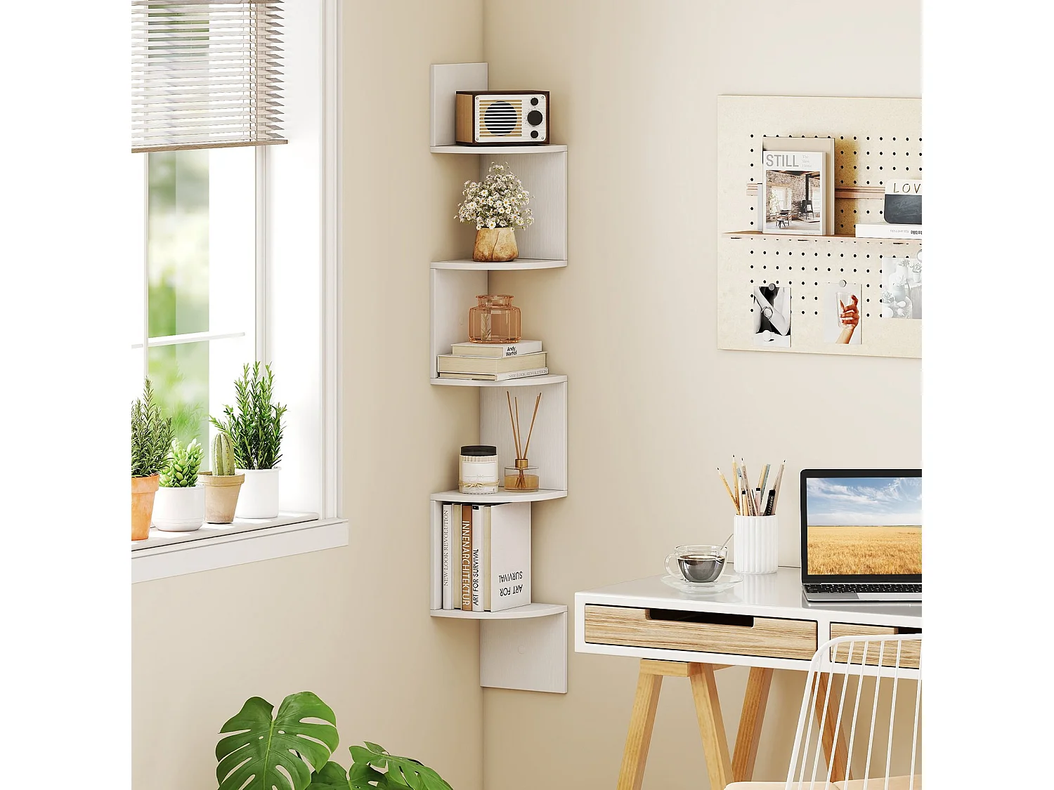 Étagère d'Angle à 5 Niveaux Étagère Murale Flottante Organisateur de Rangement Mural Support en Bois Design Moderne Blanc