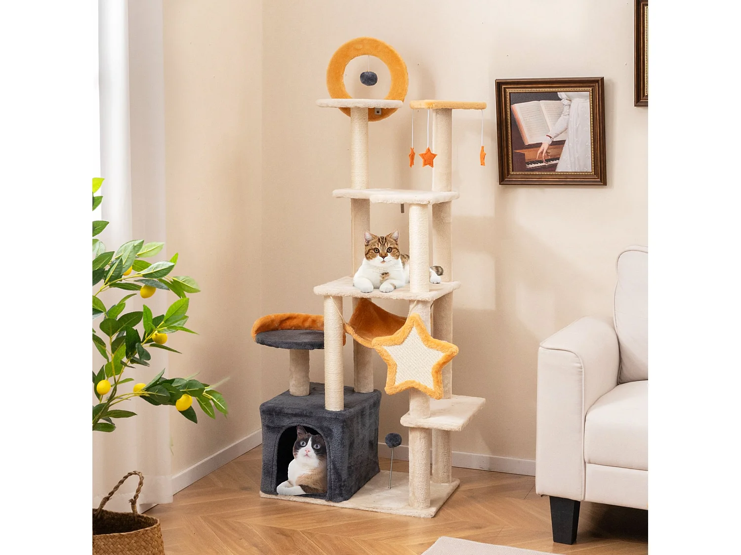 Torre per gatti multi-livello con pali e tavole da graffio in sisal, Albero per gatti da interno da 160 cm