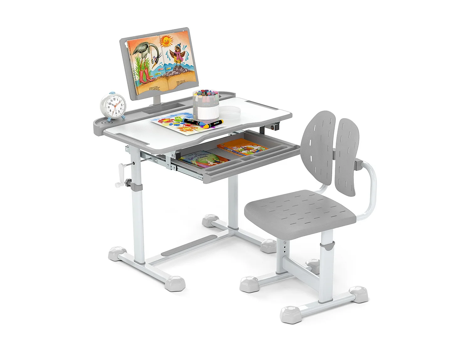 Ensemble de Bureau et Chaise pour Enfant Bureau d'Étude Réglable en Hauteur avec Plateau Inclinable Support de Livre Gris