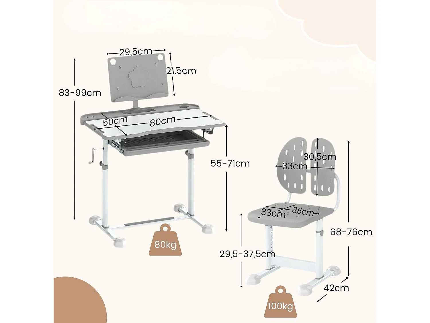 Ensemble de Bureau et Chaise pour Enfant Bureau d'Étude Réglable en Hauteur avec Plateau Inclinable Support de Livre Gris