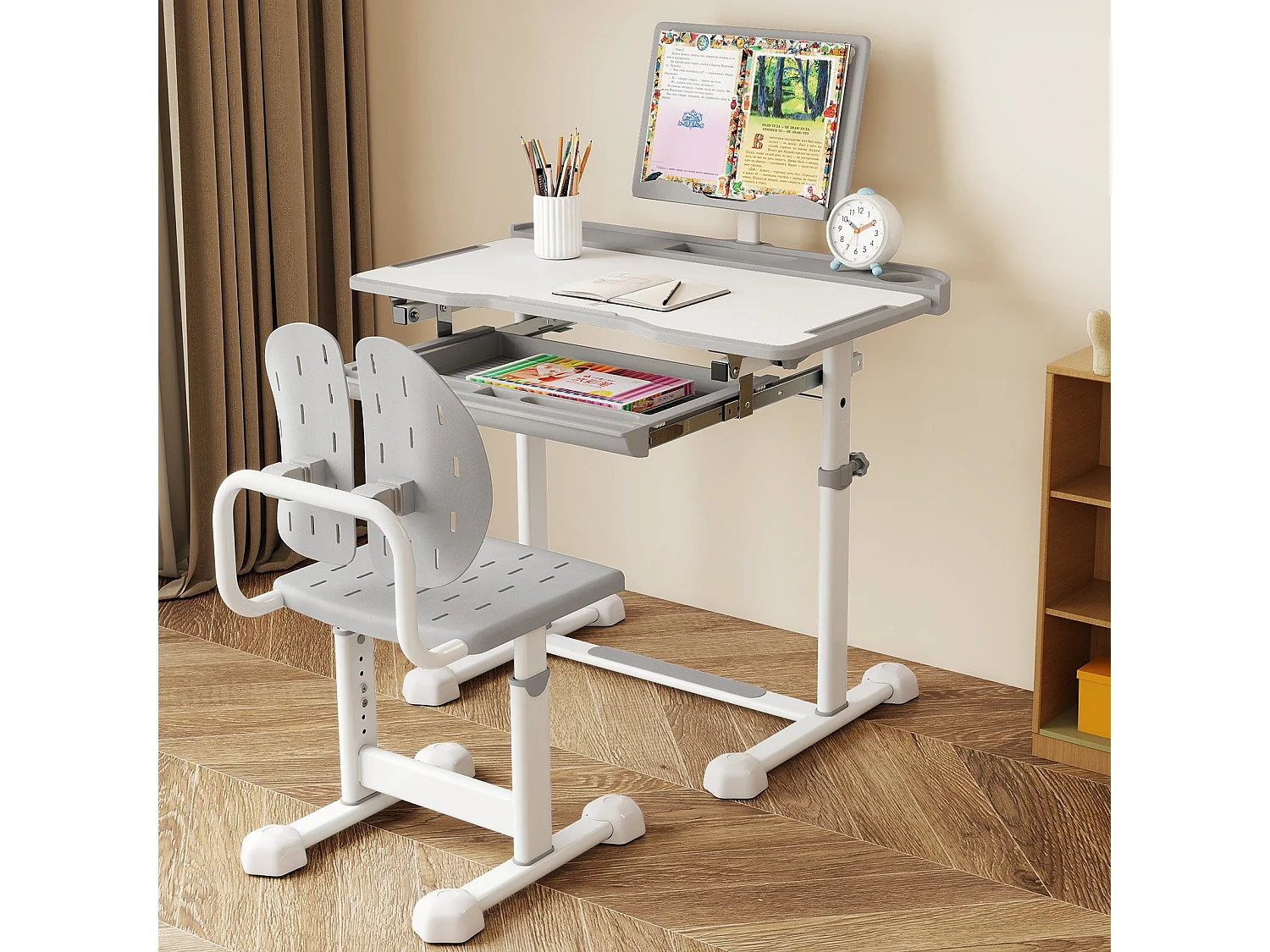 Ensemble de Bureau et Chaise pour Enfant Bureau d'Étude Réglable en Hauteur avec Plateau Inclinable Support de Livre Gris