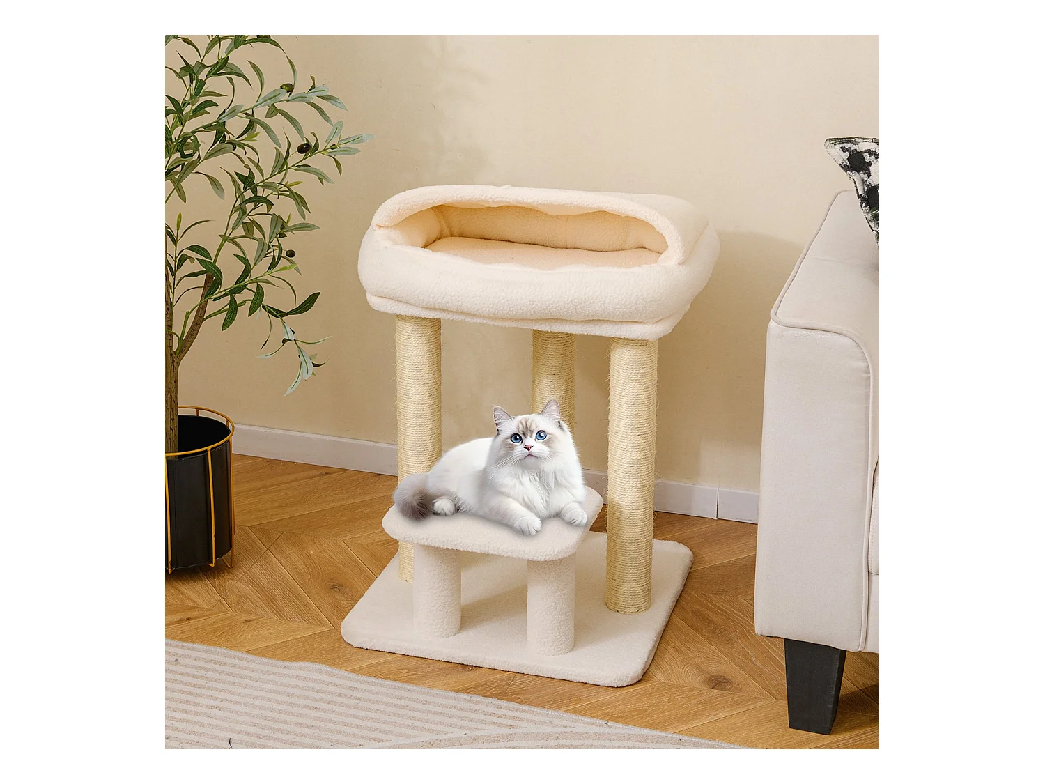 Arbre à Chat pour Chats d'Intérieur Tour pour Chats avec Perchoir Douillet en Peluche Poteaux à Griffer en Sisal Plateforme de Saut Blanc