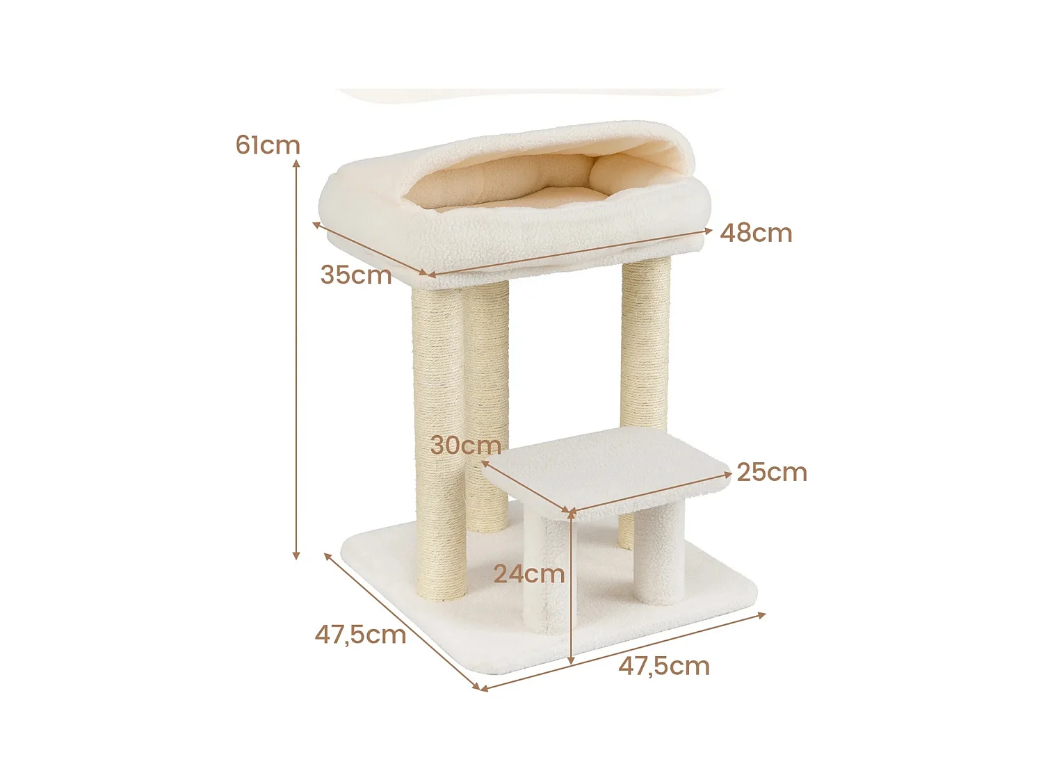 Torre per gattini con letto in peluche pali tiragraffi in sisal piattaforma per salto, Albero per gatti piccolo da interno Bianco